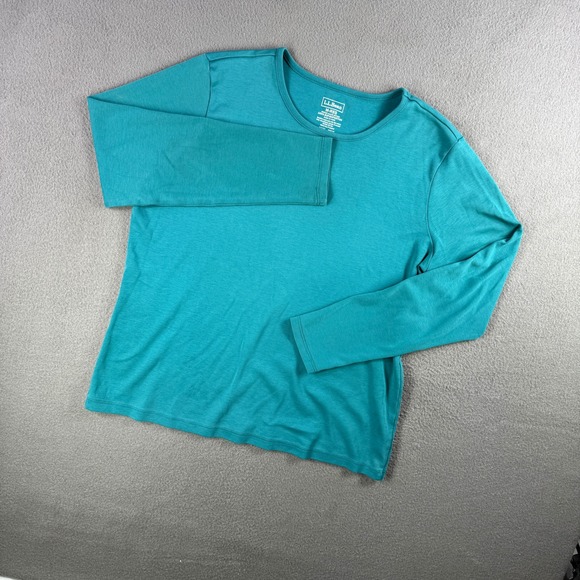 LL Bean Shirt Women M Long Sleeve Supima Cotton Teal Blue Lounge Travel Work - Picture 2 of 7